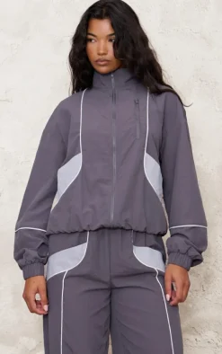Charcoal Zip Through Shell Contrast Binding Track Top