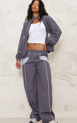 Charcoal Zip Through Shell Contrast Binding Wide Leg Sweatpant