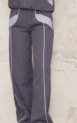 Charcoal Zip Through Shell Contrast Binding Wide Leg Sweatpant