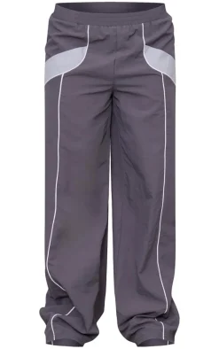 Charcoal Zip Through Shell Contrast Binding Wide Leg Sweatpant
