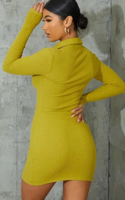 Chartreuse Brushed Rib Long Sleeve Ruched Shirt Dress