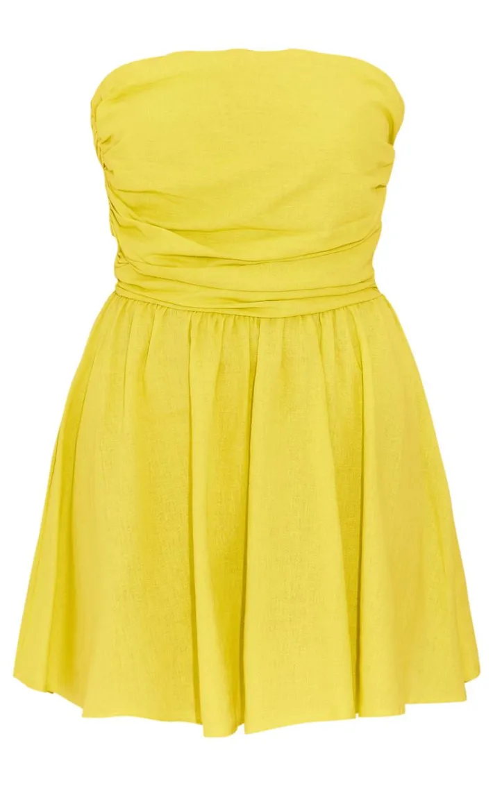 Chartreuse Linen Look Pleated Shift Dress