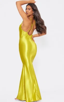 Chartreuse Stretch Satin Cowl Neck Low Back Maxi Dress