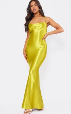 Chartreuse Stretch Satin Cowl Neck Low Back Maxi Dress