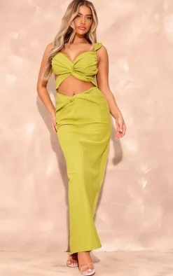 Chartreuse Woven Cut Out Knot Front Detail Capped Sleeve Maxi Dress