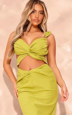 Chartreuse Woven Cut Out Knot Front Detail Capped Sleeve Maxi Dress