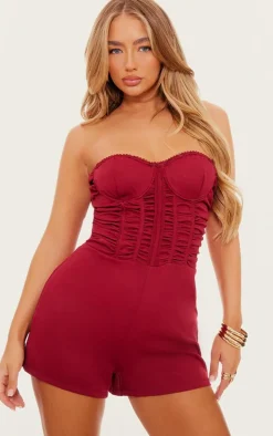 Cherry Red Bandeau Corset Lace Up Back Romper