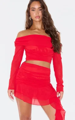 Cherry Red Chiffon Off The Shoulder Long Sleeve Crop Top