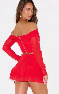 Cherry Red Chiffon Off The Shoulder Long Sleeve Crop Top
