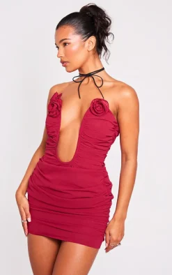 Cherry Red Chiffon Rose Trim Deep V Bar Bandeau Bodycon Dress