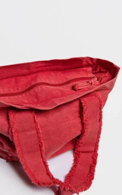 Cherry Red Denim Frayed Zip Tote Bag