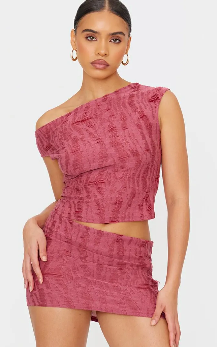 Cherry Red Distressed Asymmetric Micro Mini Skirt