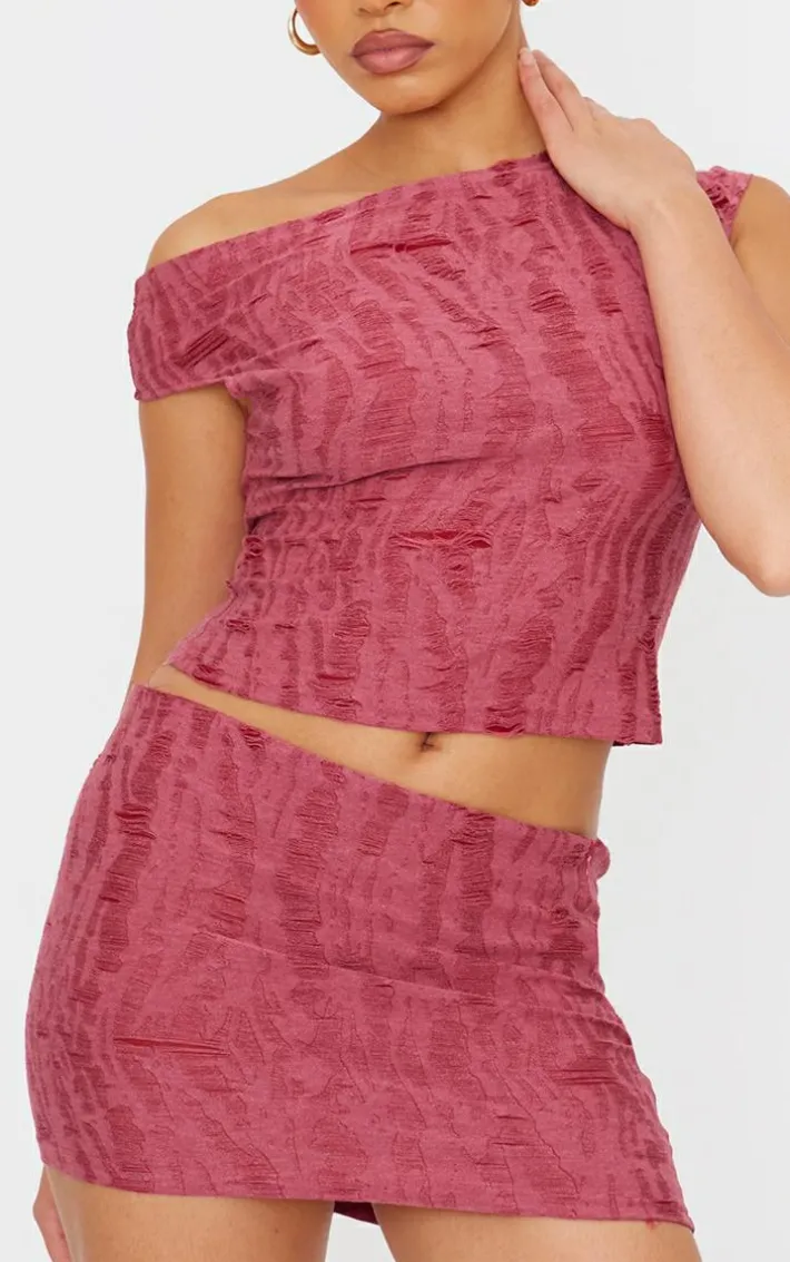 Cherry Red Distressed Asymmetric Micro Mini Skirt