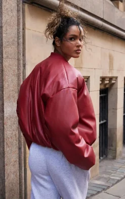 Cherry Red Faux Leather Oversized Bomber Jacket