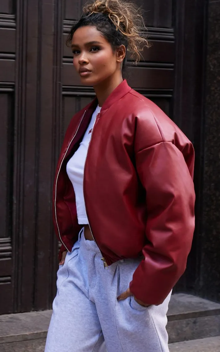Cherry Red Faux Leather Oversized Bomber Jacket
