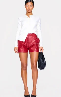 Cherry Red Faux Leather Pleat Detail Shorts