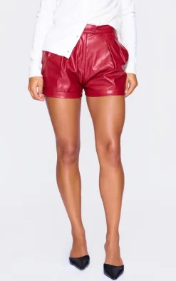 Cherry Red Faux Leather Pleat Detail Shorts