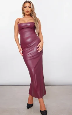 Cherry Red Faux Leather Spaghetti Strap Midi Dress
