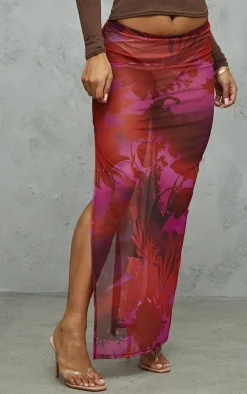 Cherry Red Floral Print Mesh Split Hem Midi Skirt