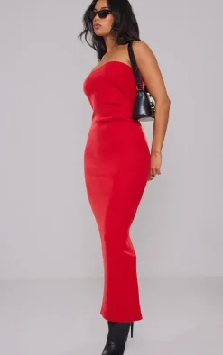 Cherry Red Heavy Brushed Rib Ruched Bandeau Midaxi Dress