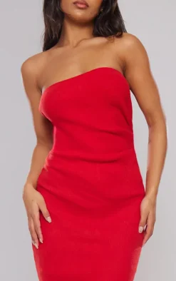 Cherry Red Heavy Brushed Rib Ruched Bandeau Midaxi Dress