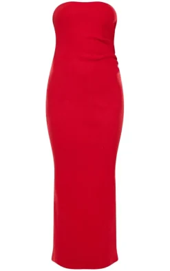 Cherry Red Heavy Brushed Rib Ruched Bandeau Midaxi Dress