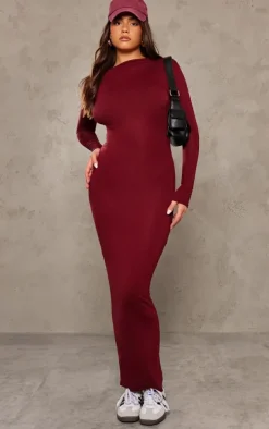 Cherry Red High Neck Boat Neck Split Maxi Dress