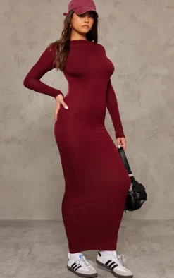 Cherry Red High Neck Boat Neck Split Maxi Dress