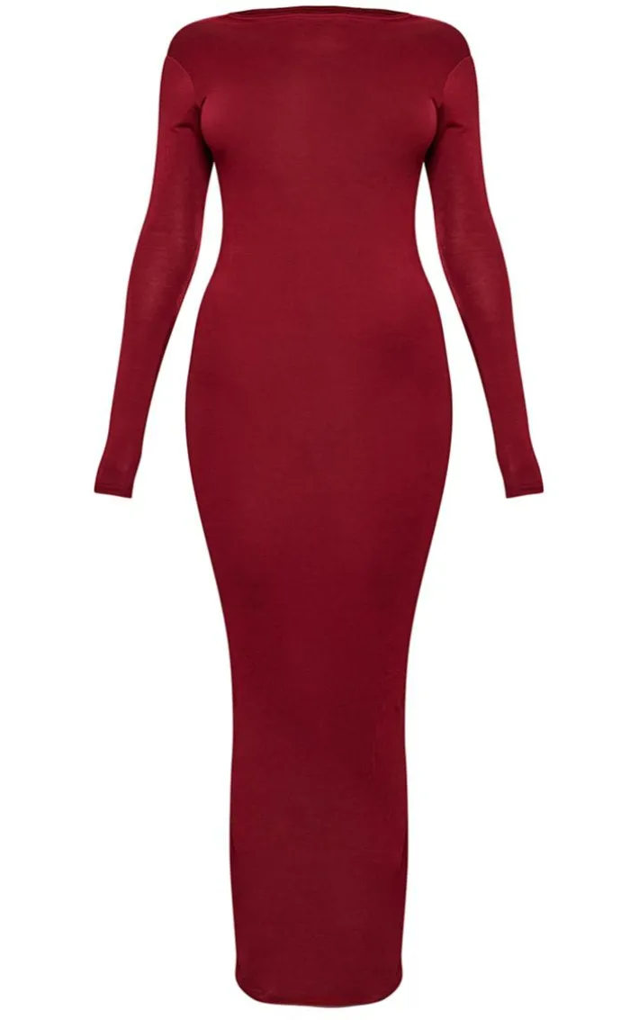 Cherry Red High Neck Boat Neck Split Maxi Dress