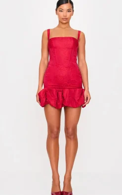 Cherry Red Jacquard Puff Ball Hem Mini Dress