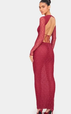 Cherry Red Lace Backless Long Sleeve Maxi Dress