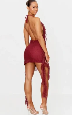Cherry Red Lace Frill Detail Halterneck Backless Bodycon Dress