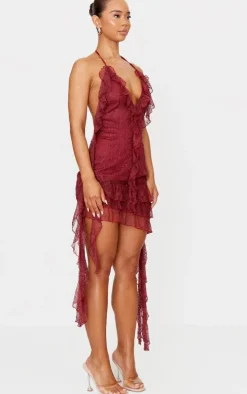 Cherry Red Lace Frill Detail Halterneck Backless Bodycon Dress