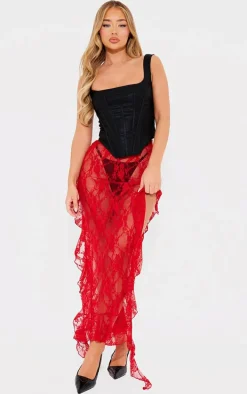 Cherry Red Lace Side Split Ruffle Detail Maxi Skirt