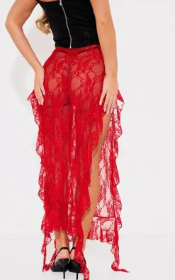 Cherry Red Lace Side Split Ruffle Detail Maxi Skirt