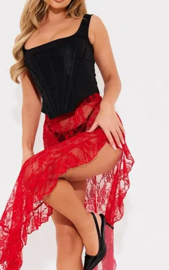 Cherry Red Lace Side Split Ruffle Detail Maxi Skirt
