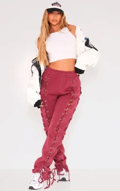 Cherry Red Lace Up Side Detail Oversized Sweatpants