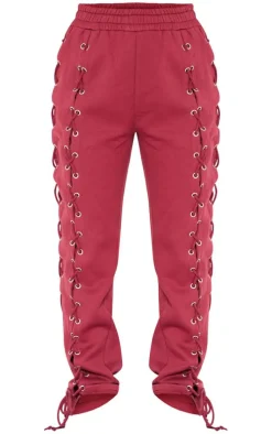 Cherry Red Lace Up Side Detail Oversized Sweatpants