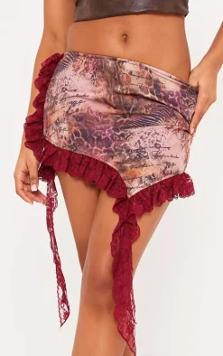 Cherry Red Leopard Print Lace Trim Mini Skirt