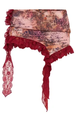 Cherry Red Leopard Print Lace Trim Mini Skirt