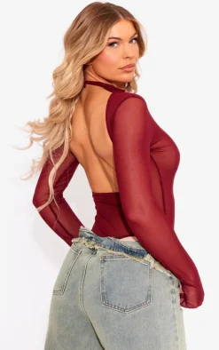 Cherry Red Mesh Backless Bodysuit