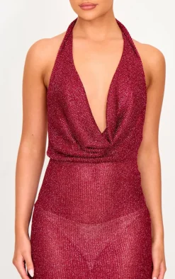 Cherry Red Metallic Ribbed Cowl Neck Mini Dress