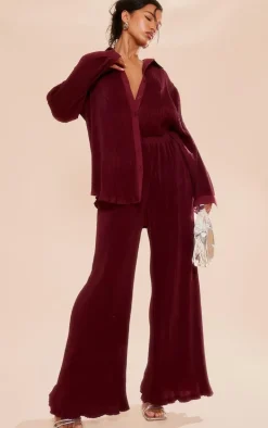 Cherry Red Plisse High Waisted Wide Leg Pants