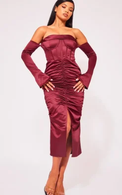 Cherry Red Premium Constructed Satin Draped Front Midi Dress