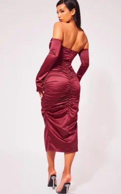 Cherry Red Premium Constructed Satin Draped Front Midi Dress