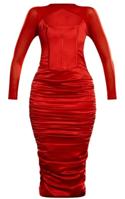 Cherry Red Premium Constructed Satin Mesh Sleeve Ruched Midi Dress