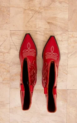 Cherry Red Pu Point Toe Low Block Heel Stitched Western Boots