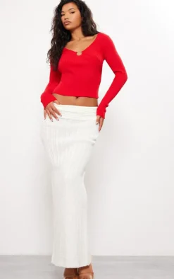 Cherry Red Rib Knit O Ring Long Sleeve Top