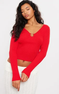 Cherry Red Rib Knit O Ring Long Sleeve Top