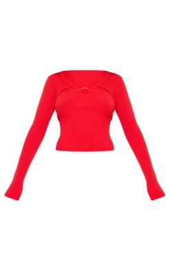 Cherry Red Rib Knit O Ring Long Sleeve Top